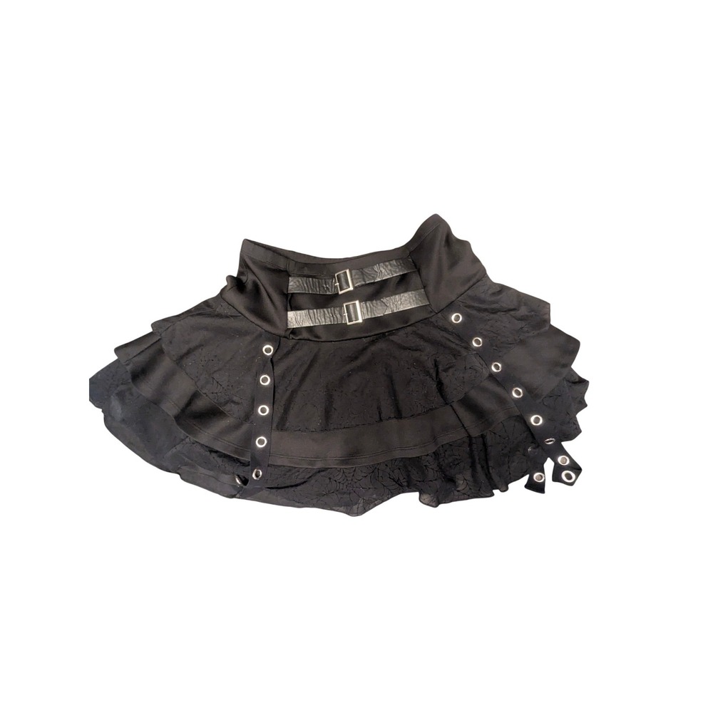 Social Collision Black Spiderweb Mesh Tiered Mini Skirt Buckle Grommet Goth SM